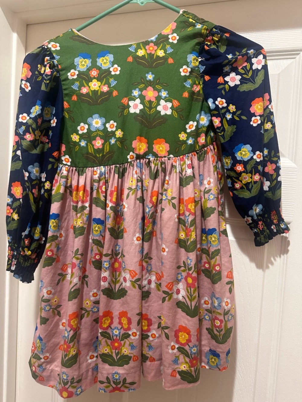 Mini Boden Floral Patchwork Long-Sleeve Kids Dress in Green, Navy & Pink